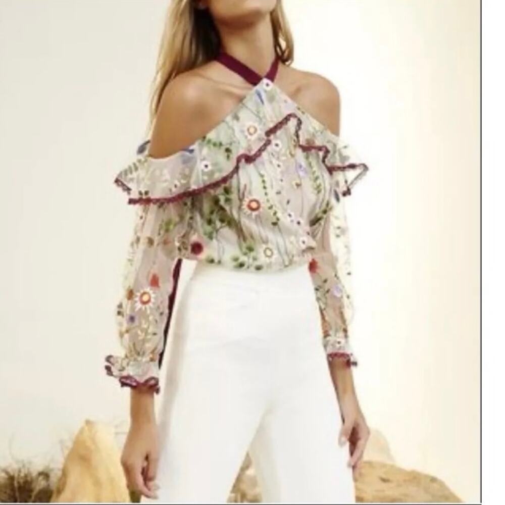 Alexis top‎ XS  floral  Embroidered Kylie Cold Shoulder Lined Sheer Floral